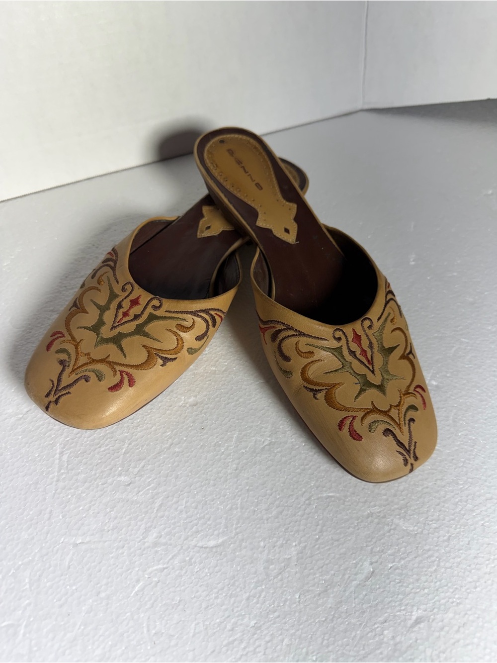 PAZZO Tan Embroidered Slip-On Mules with Red & Olive Accents